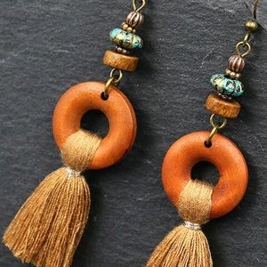 Bohemian Tassel Brown Earrings Small in Length Wooden drop. 0.05kg